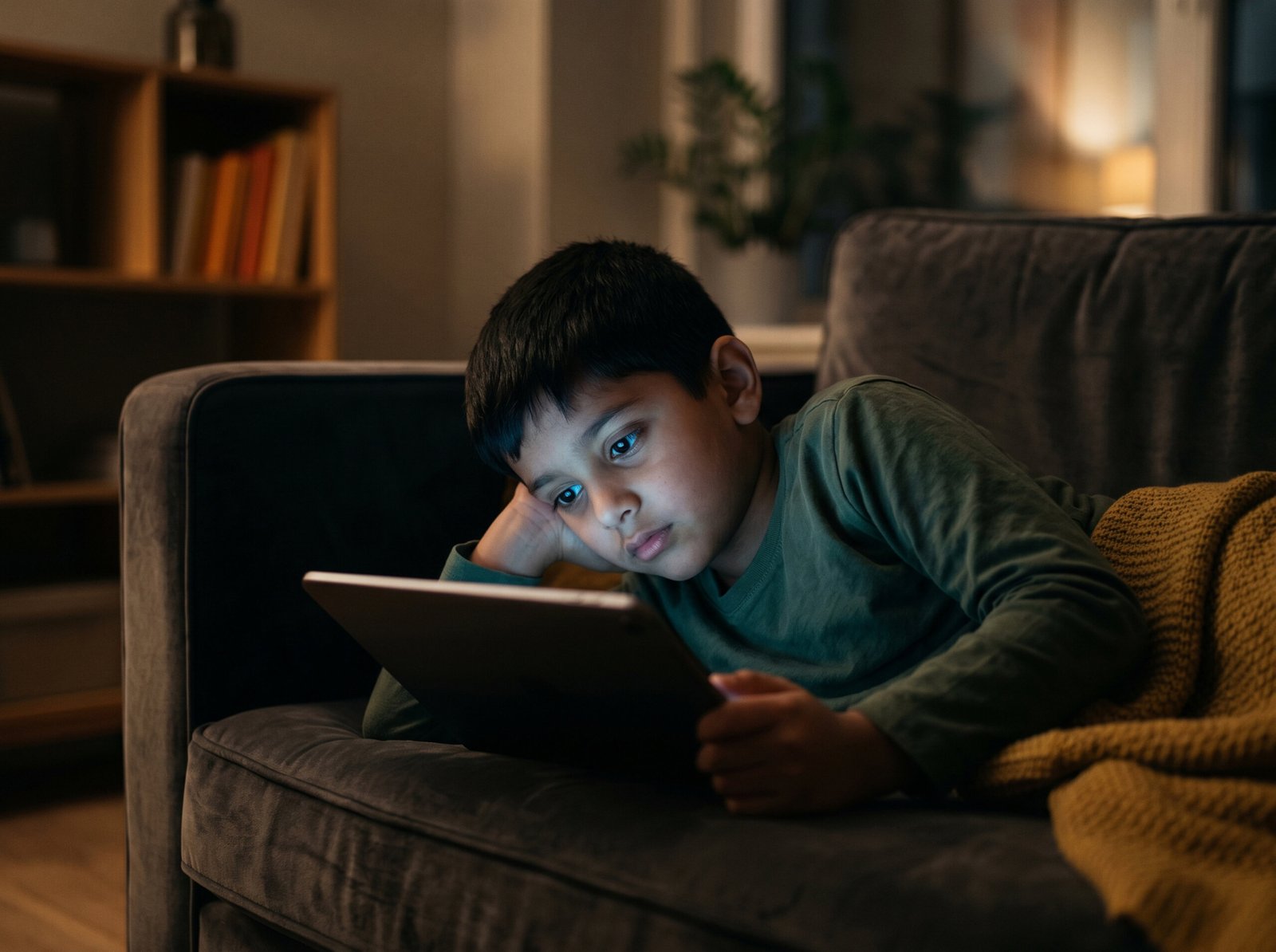 Child looking at screen, lit by blue glow