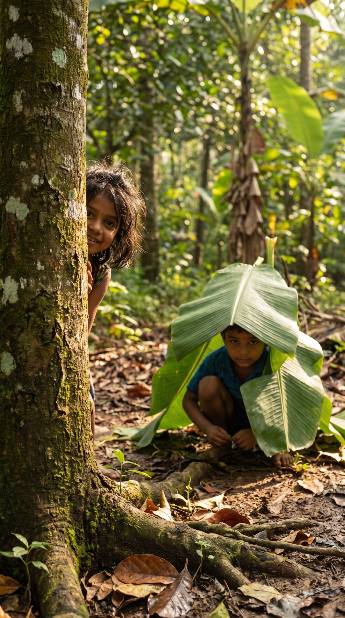 Two young Indian children playing outdoors