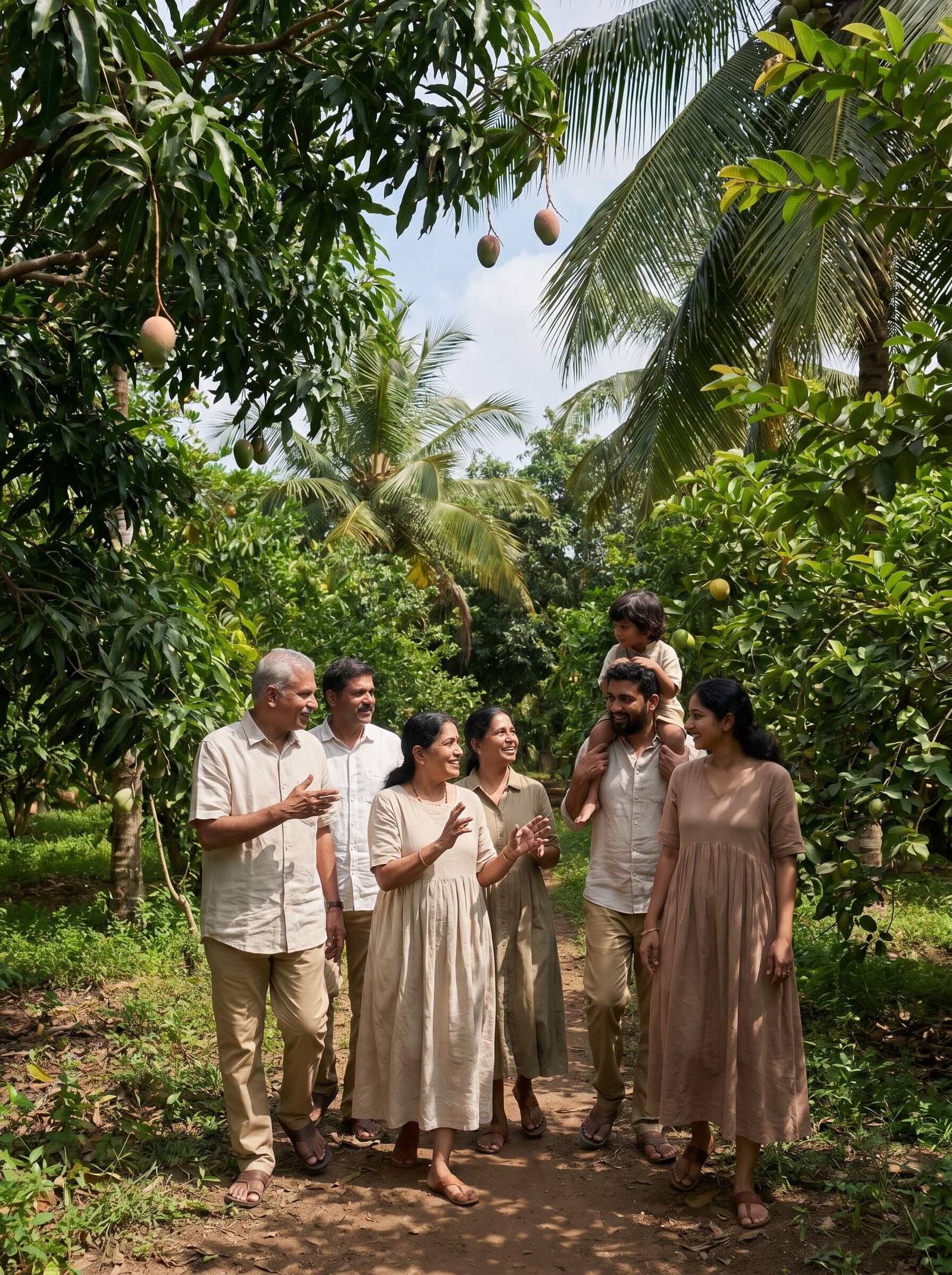 Affluent family walking through Hosachiguru Maamara farm
