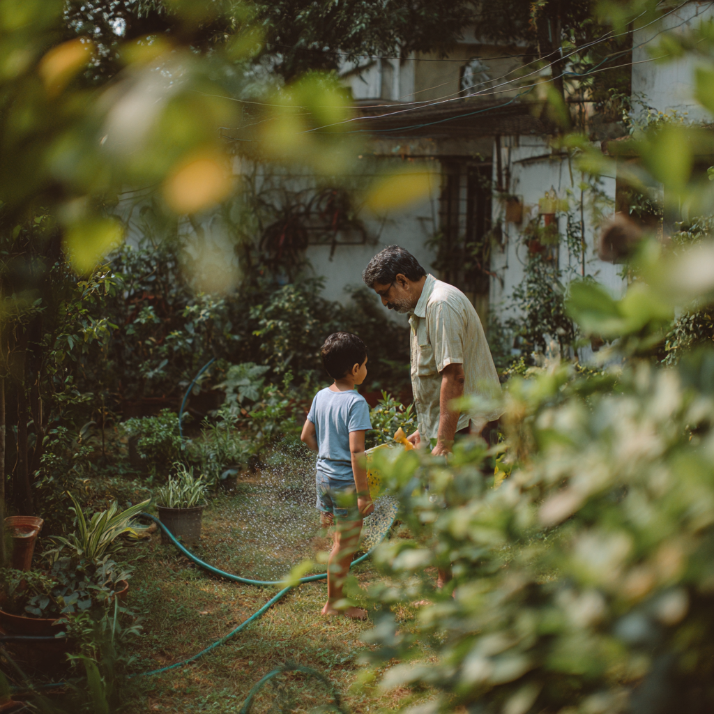 Parent and child at managed farmland near Bangalore