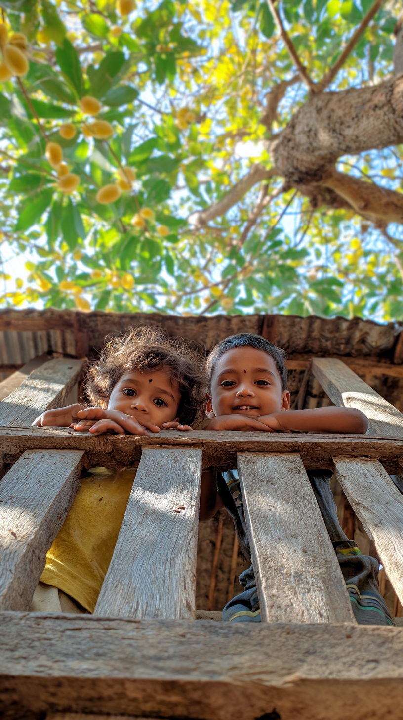 Two young children leaning over farm fence