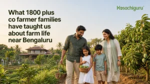 Families enjoying weekend farm life on managed farmland near Bengaluru