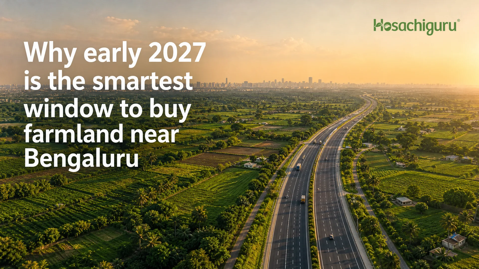 Aerial view of green farmland parcels along a highway corridor near Bengaluru