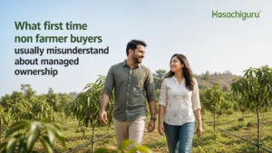 First time buyer walking through a managed farmland plot with rows of young trees near Bangalore