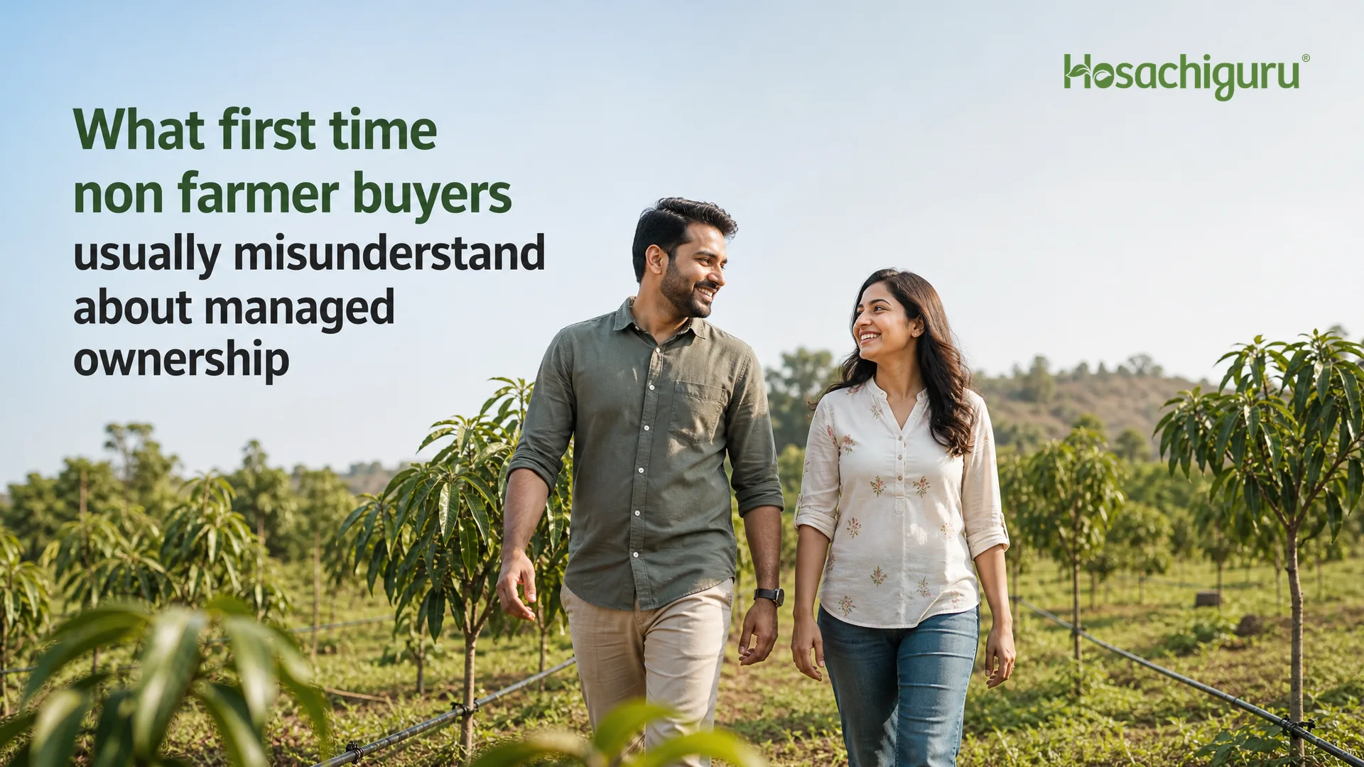 First time buyer walking through a managed farmland plot with rows of young trees near Bangalore